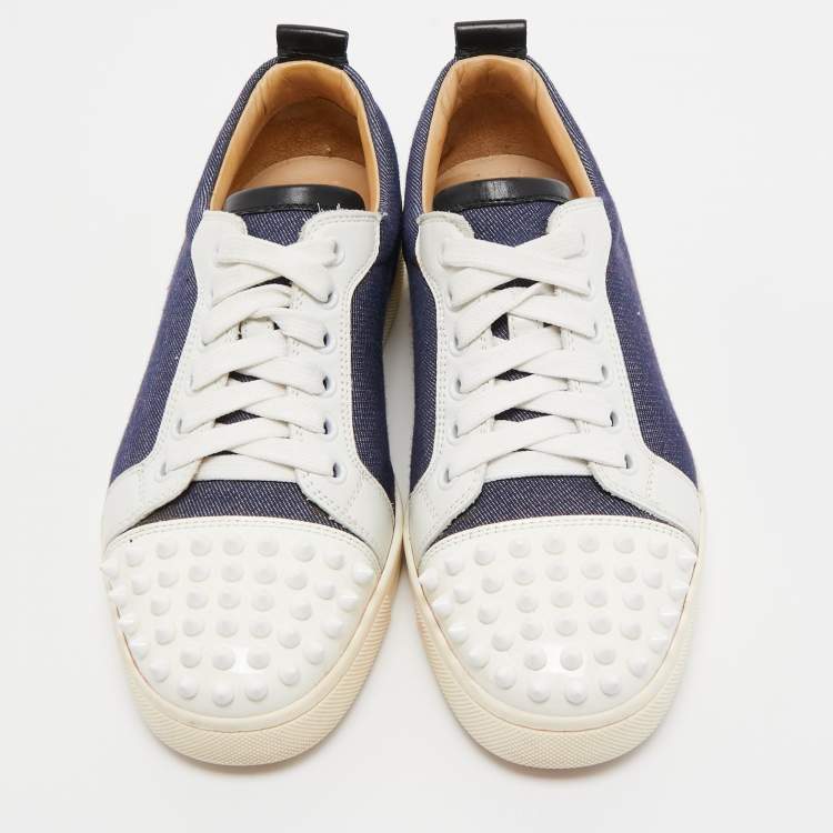 Pre Owned Christian Louboutin Blue/White Denim and Leather Spikes Low Top Sneakers Size 37