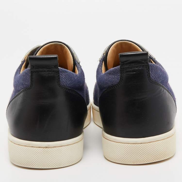 Pre Owned Christian Louboutin Blue/White Denim and Leather Spikes Low Top Sneakers Size 37