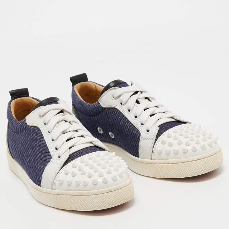 Pre Owned Christian Louboutin Blue/White Denim and Leather Spikes Low Top Sneakers Size 37