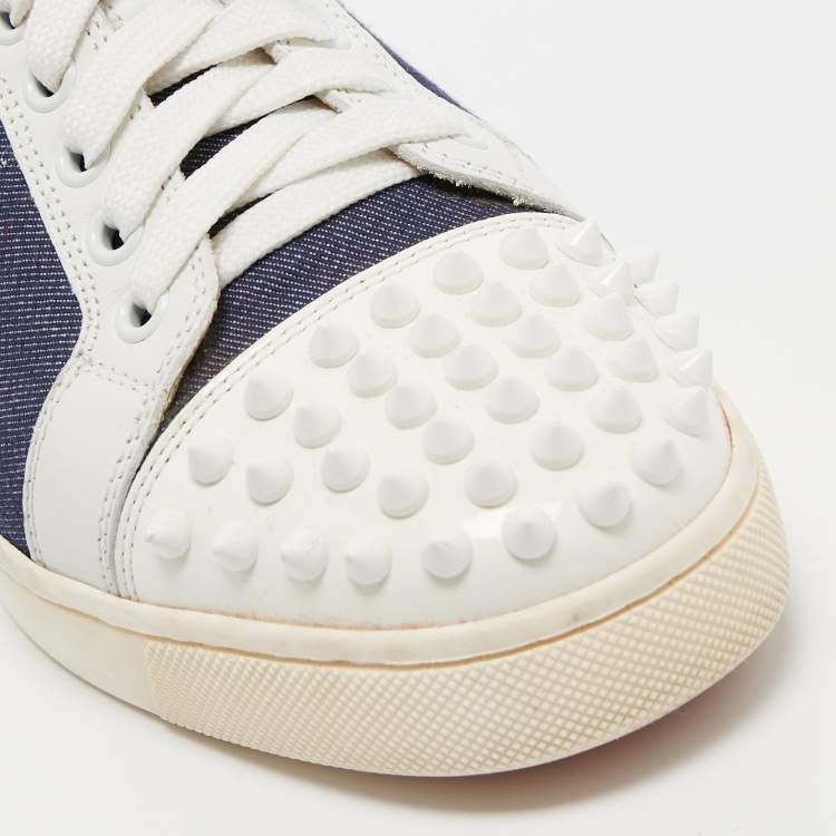 Pre Owned Christian Louboutin Blue/White Denim and Leather Spikes Low Top Sneakers Size 37