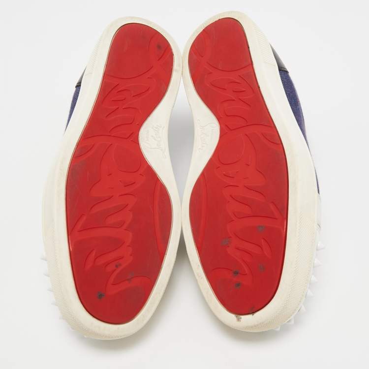 Pre Owned Christian Louboutin Blue/White Denim and Leather Spikes Low Top Sneakers Size 37