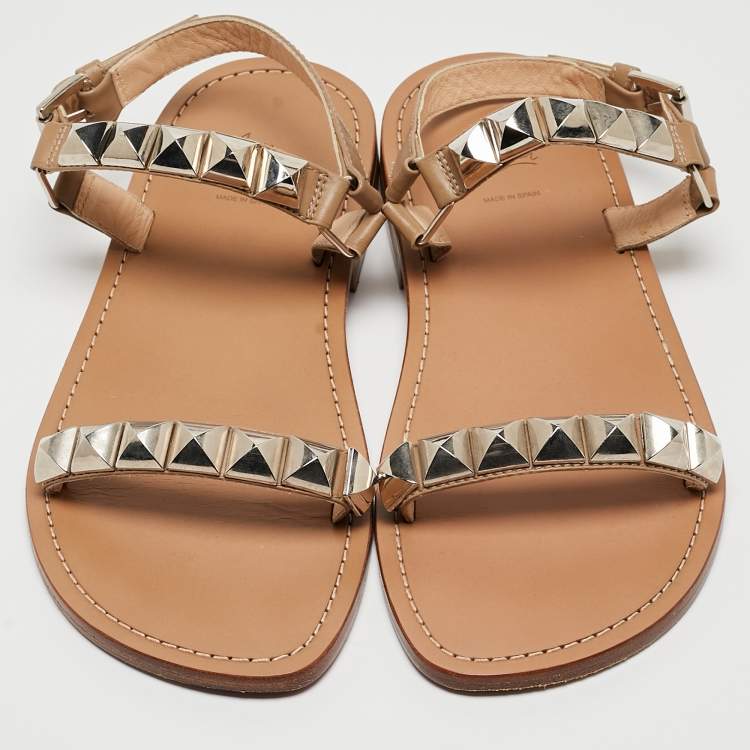 Pre Owned Christian Louboutin Beige Leather Studded Ankle Strap Flat Sandals Size 40