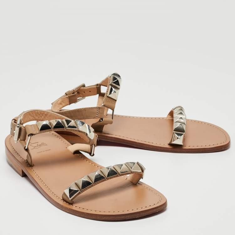 Pre Owned Christian Louboutin Beige Leather Studded Ankle Strap Flat Sandals Size 40