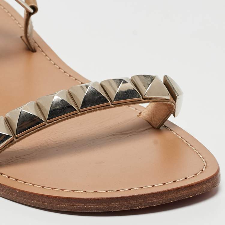 Pre Owned Christian Louboutin Beige Leather Studded Ankle Strap Flat Sandals Size 40