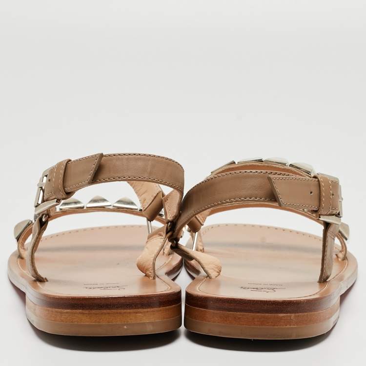 Pre Owned Christian Louboutin Beige Leather Studded Ankle Strap Flat Sandals Size 40