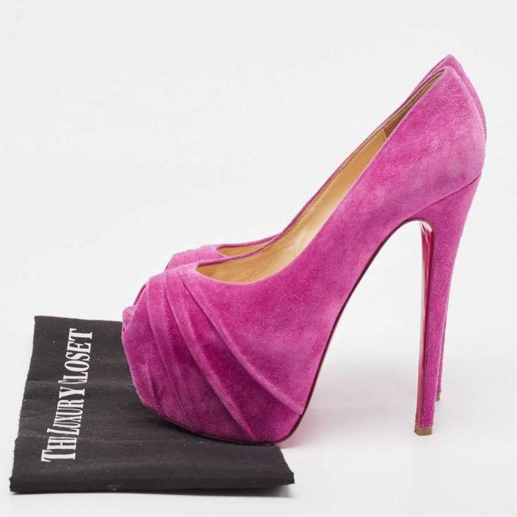 Pre Owned Christian Louboutin Pink Suede Drapesse  Peep Toe Pumps Size 38