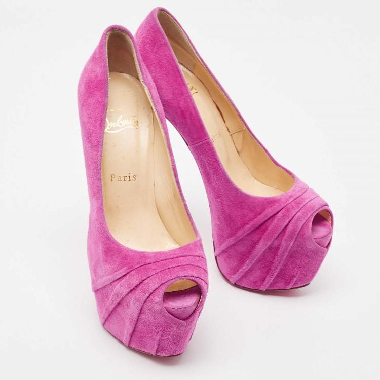 Pre Owned Christian Louboutin Pink Suede Drapesse  Peep Toe Pumps Size 38