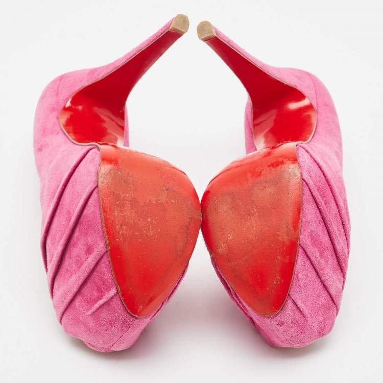 Pre Owned Christian Louboutin Pink Suede Drapesse  Peep Toe Pumps Size 38