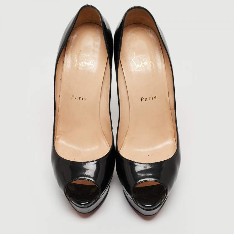 Pre Owned Christian Louboutin Black Patent Leather Lady Peep Pumps Size 40.5