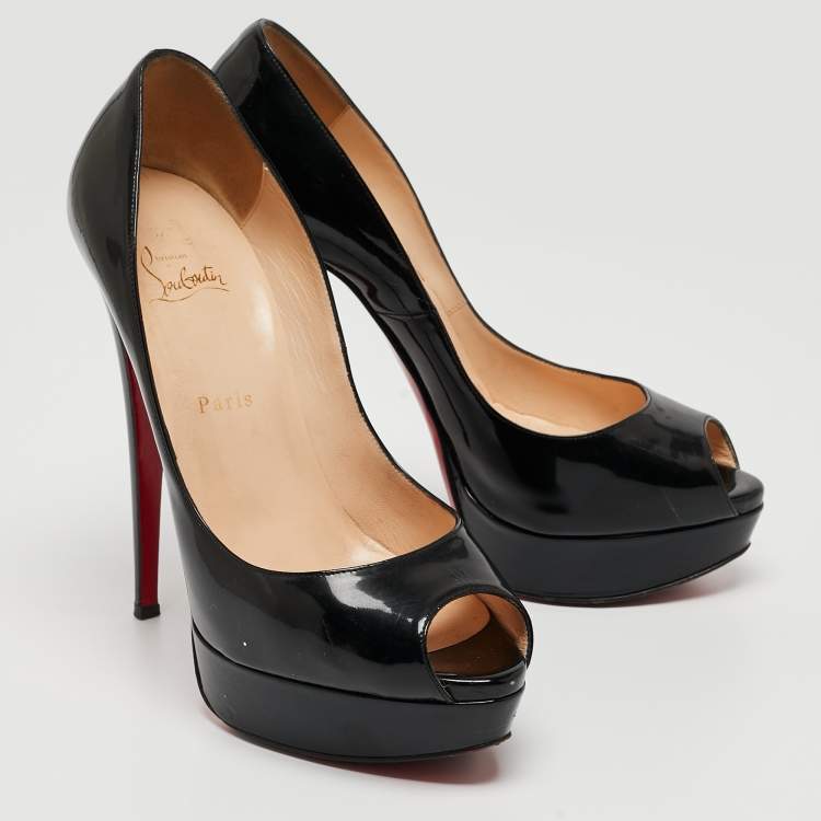 Pre Owned Christian Louboutin Black Patent Leather Lady Peep Pumps Size 40.5