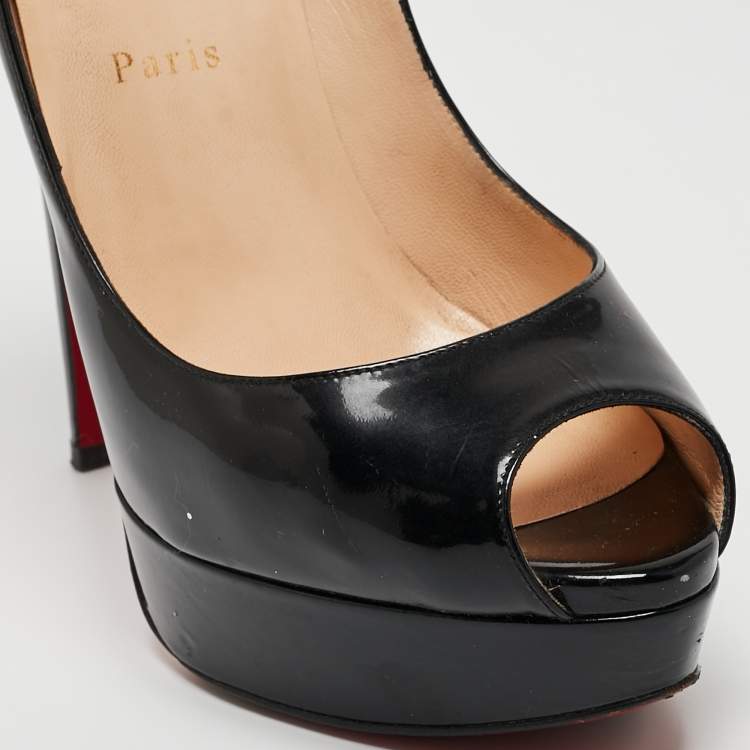 Pre Owned Christian Louboutin Black Patent Leather Lady Peep Pumps Size 40.5