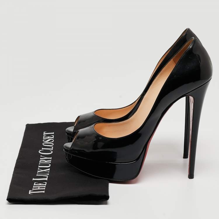 Pre Owned Christian Louboutin Black Patent Leather Lady Peep Pumps Size 40.5