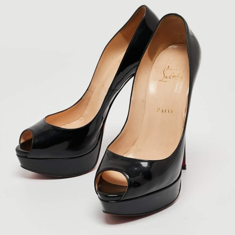 Pre Owned Christian Louboutin Black Patent Leather Lady Peep Pumps Size 40.5