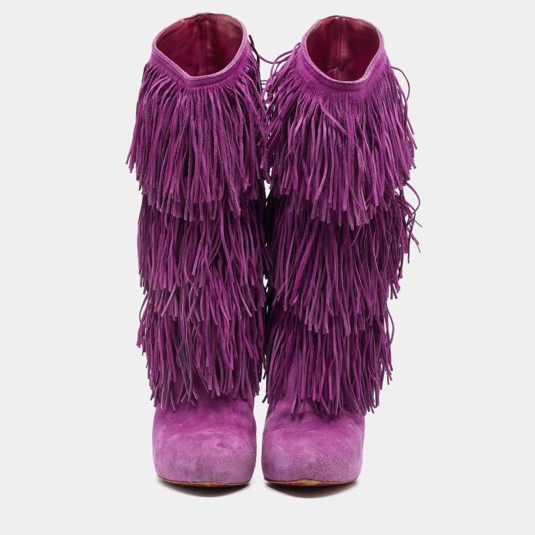 Pre Owned Christian Louboutin Purple Suede Forever Tina Fringe Mild Calf Boots  Size 37