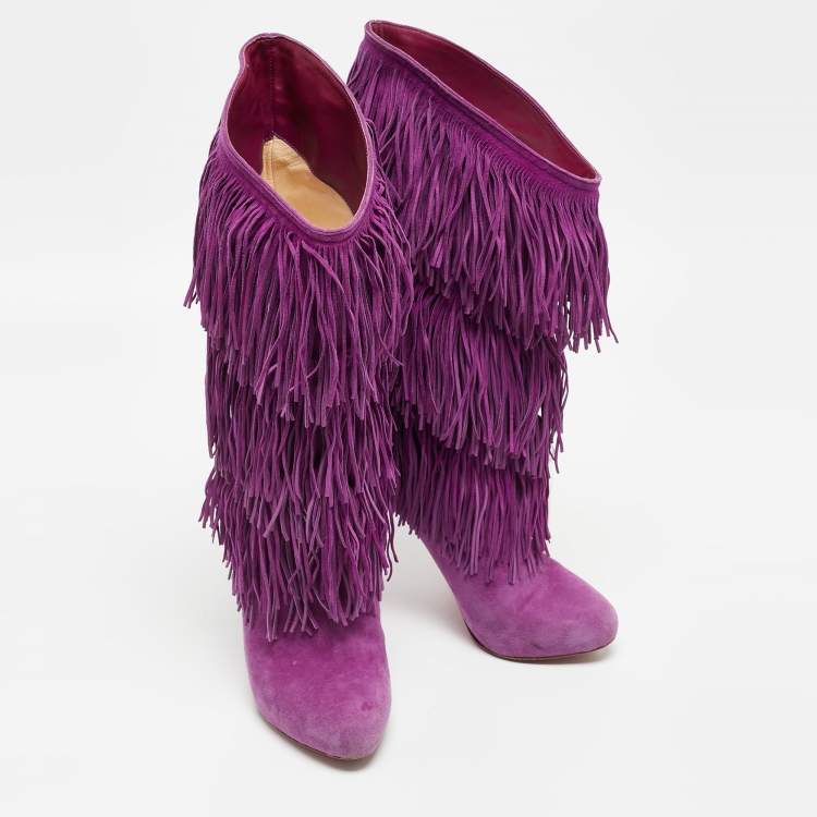 Pre Owned Christian Louboutin Purple Suede Forever Tina Fringe Mild Calf Boots  Size 37