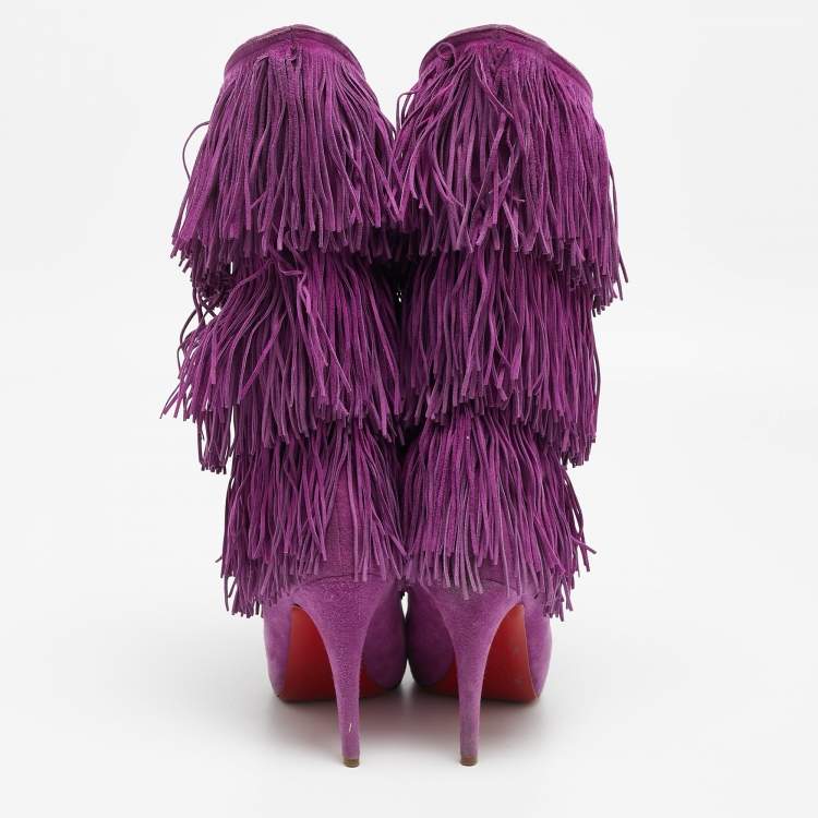 Pre Owned Christian Louboutin Purple Suede Forever Tina Fringe Mild Calf Boots  Size 37
