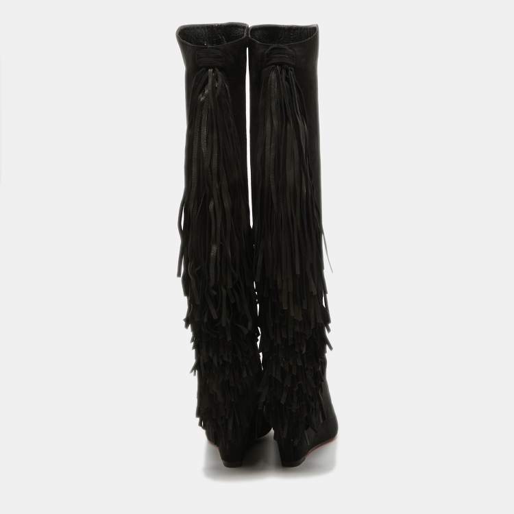 Pre Owned Christian Louboutin Black Suede Knee Length Boots Size 36