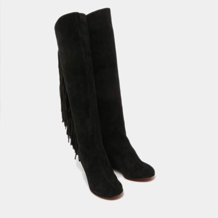Pre Owned Christian Louboutin Black Suede Knee Length Boots Size 36