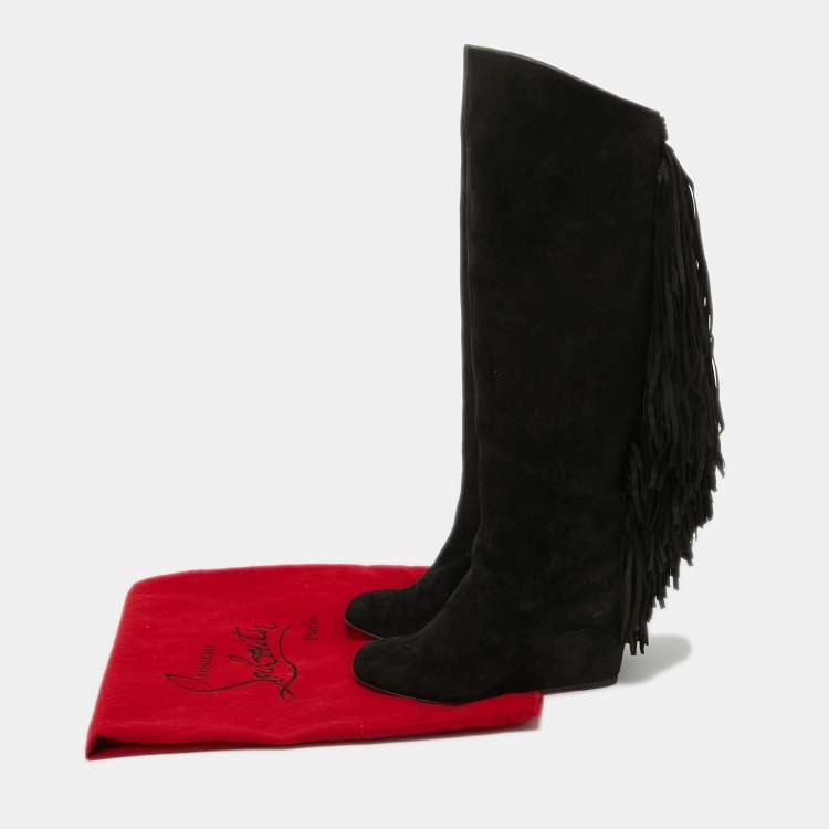 Pre Owned Christian Louboutin Black Suede Knee Length Boots Size 36