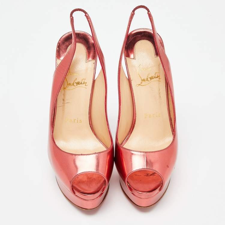 Pre Owned Christian Louboutin Metallic Patent Lady Peep Sling Pumps Size 36.5