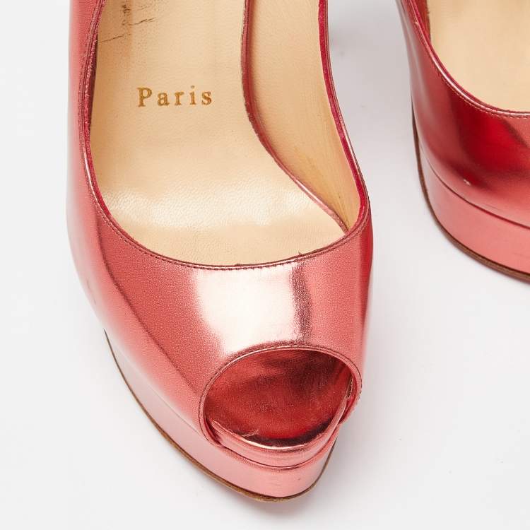 Pre Owned Christian Louboutin Metallic Patent Lady Peep Sling Pumps Size 36.5