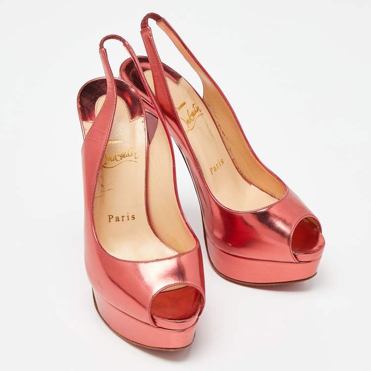 Pre Owned Christian Louboutin Metallic Patent Lady Peep Sling Pumps Size 36.5