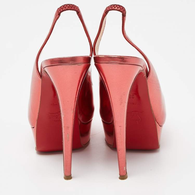 Pre Owned Christian Louboutin Metallic Patent Lady Peep Sling Pumps Size 36.5