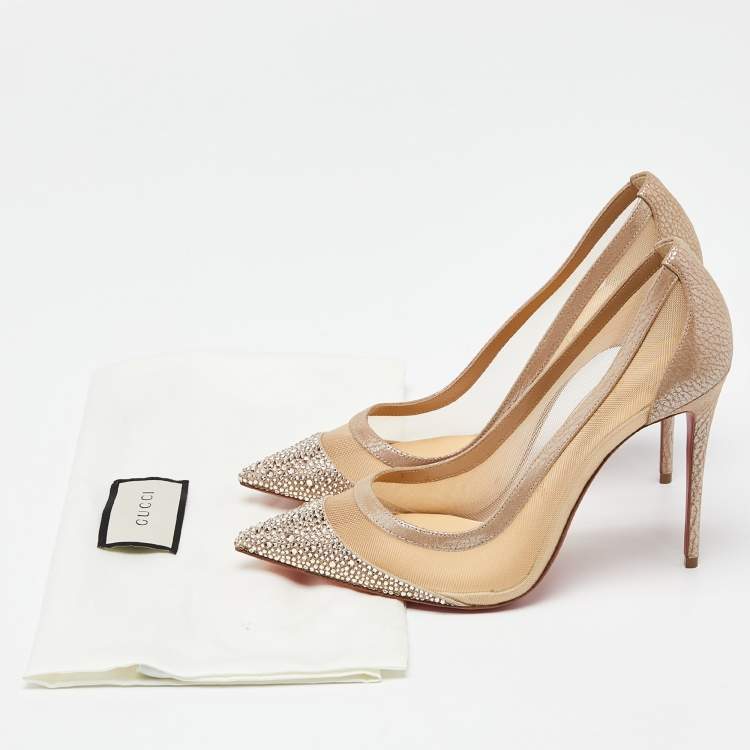 Pre Owned Christian Louboutin Beige Mesh and Suede Embellished Galativi Strass Pumps Size 38.5