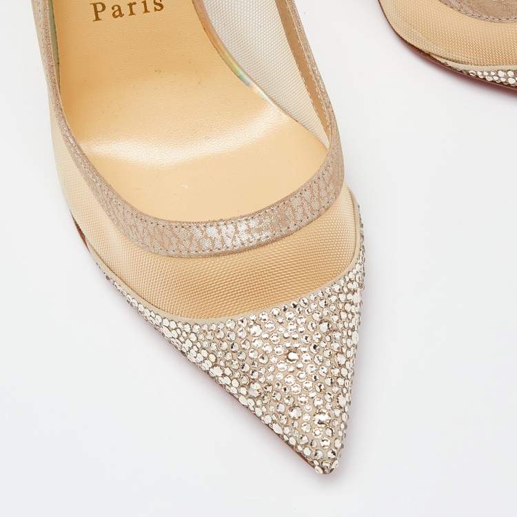 Pre Owned Christian Louboutin Beige Mesh and Suede Embellished Galativi Strass Pumps Size 38.5