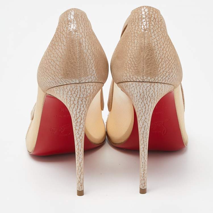 Pre Owned Christian Louboutin Beige Mesh and Suede Embellished Galativi Strass Pumps Size 38.5