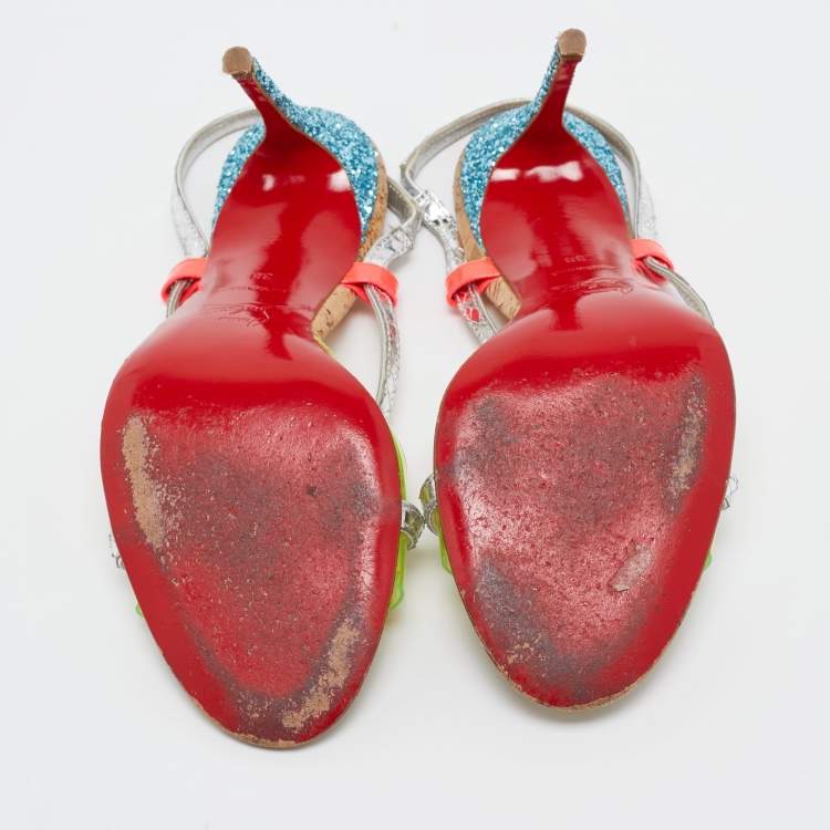 Pre Owned Christian Louboutin Multicolor Python Embossed and PVC Slingback Sandals Size 38