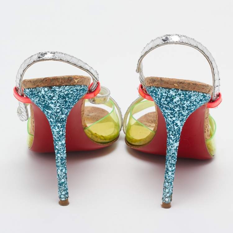 Pre Owned Christian Louboutin Multicolor Python Embossed and PVC Slingback Sandals Size 38