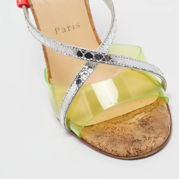 Pre Owned Christian Louboutin Multicolor Python Embossed and PVC Slingback Sandals Size 38