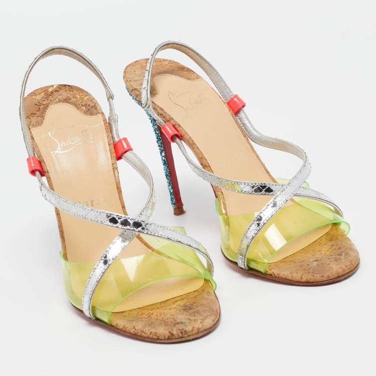 Pre Owned Christian Louboutin Multicolor Python Embossed and PVC Slingback Sandals Size 38