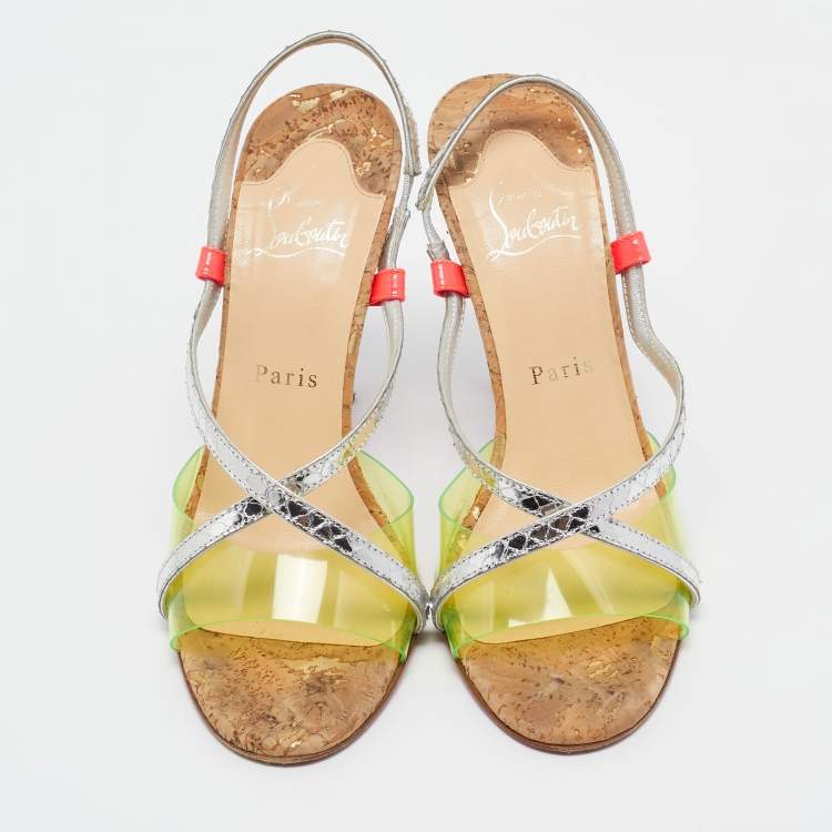 Pre Owned Christian Louboutin Multicolor Python Embossed and PVC Slingback Sandals Size 38
