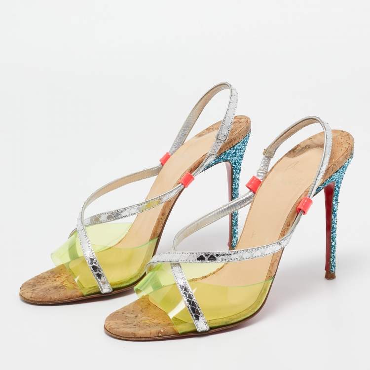 Pre Owned Christian Louboutin Multicolor Python Embossed and PVC Slingback Sandals Size 38