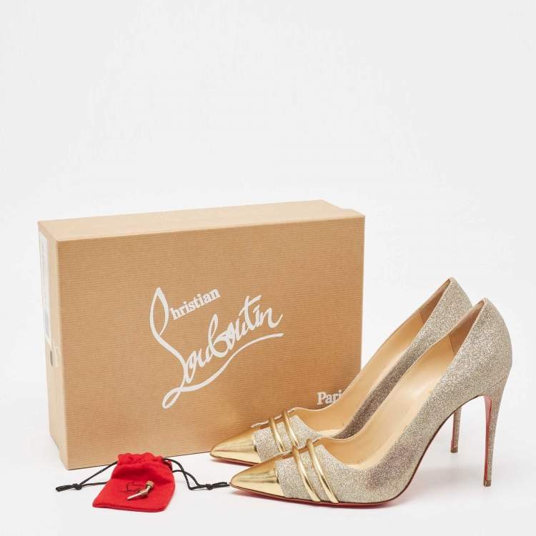 Pre Owned Christian Louboutin Gold Glitter and Leather Front Double Pumps Size 39.5