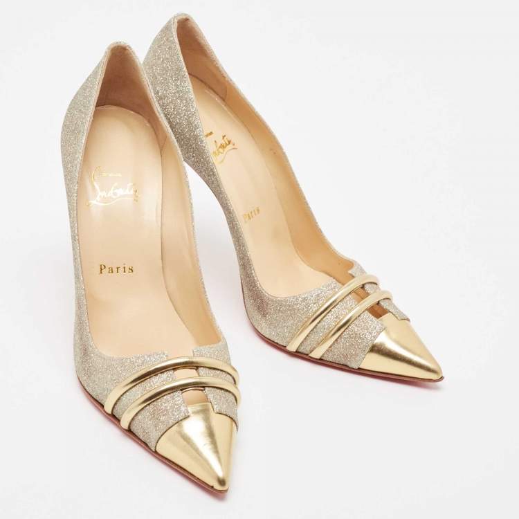 Pre Owned Christian Louboutin Gold Glitter and Leather Front Double Pumps Size 39.5