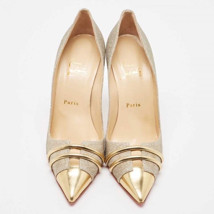Pre Owned Christian Louboutin Gold Glitter and Leather Front Double Pumps Size 39.5