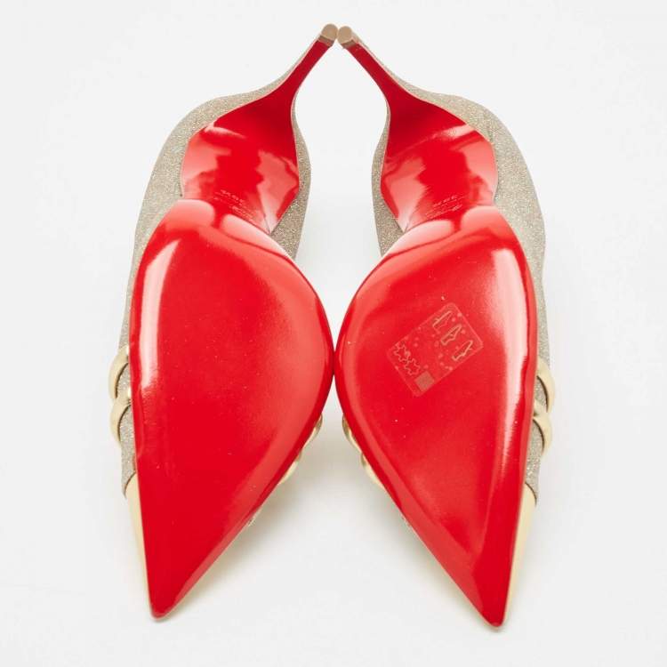 Pre Owned Christian Louboutin Gold Glitter and Leather Front Double Pumps Size 39.5
