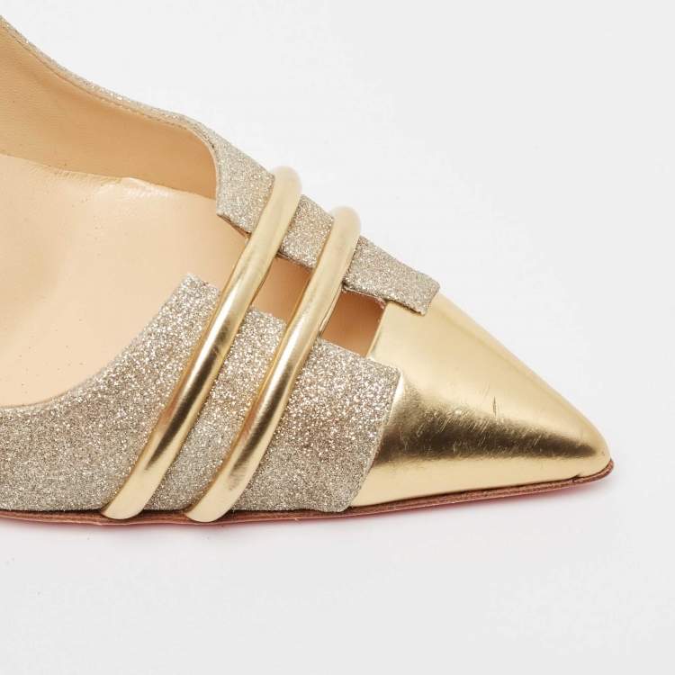 Pre Owned Christian Louboutin Gold Glitter and Leather Front Double Pumps Size 39.5