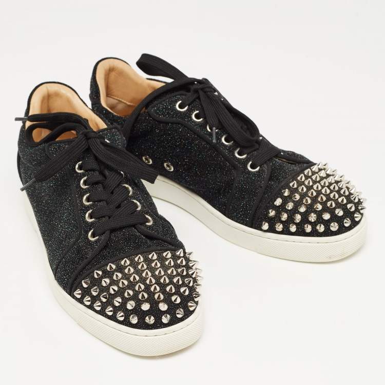 Pre Owned Christian Louboutin Black Textured Suede Louis Junior Spike Sneakers Size 38.5