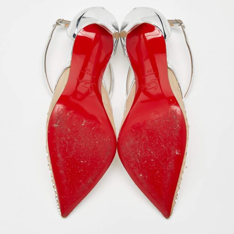 Pre Owned Christian Louboutin Silver Patent Leather and Mesh Twistissima Strass Pumps Size 39