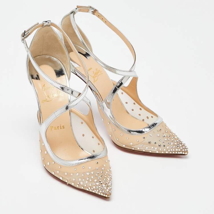 Pre Owned Christian Louboutin Silver Patent Leather and Mesh Twistissima Strass Pumps Size 39