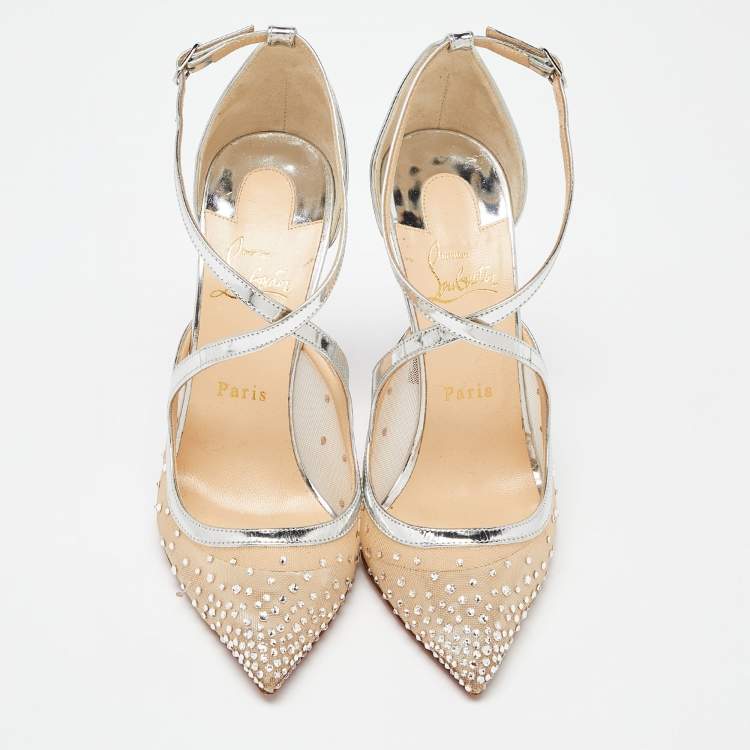 Pre Owned Christian Louboutin Silver Patent Leather and Mesh Twistissima Strass Pumps Size 39