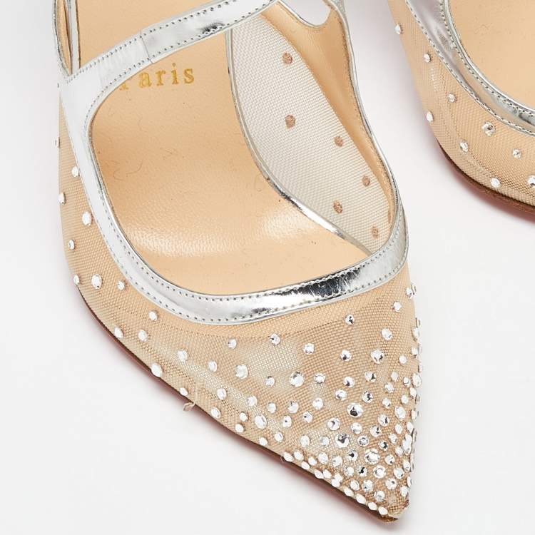 Pre Owned Christian Louboutin Silver Patent Leather and Mesh Twistissima Strass Pumps Size 39