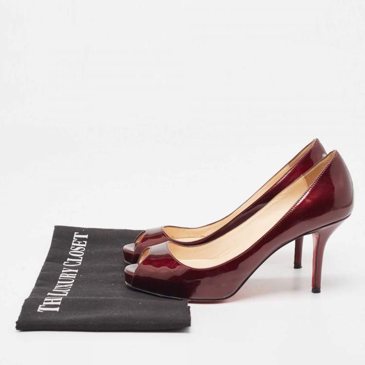Pre Owned Christian Louboutin Dark Burgundy Patent Leather Peep Toe Pumps Size 36