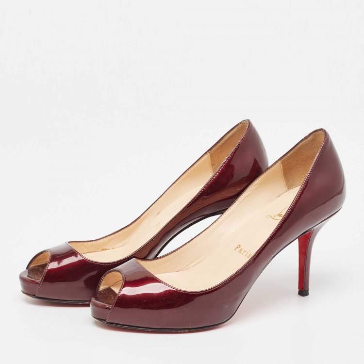 Pre Owned Christian Louboutin Dark Burgundy Patent Leather Peep Toe Pumps Size 36