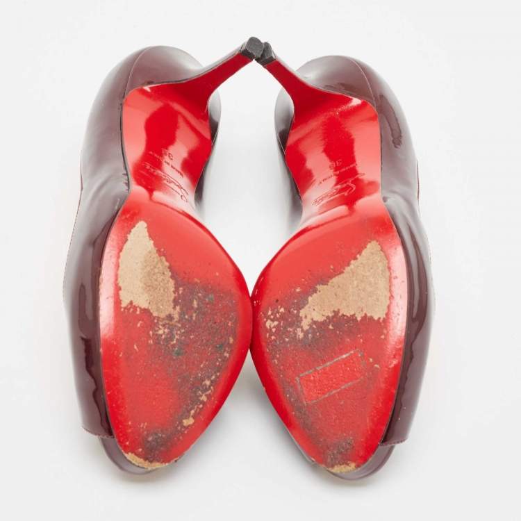 Pre Owned Christian Louboutin Dark Burgundy Patent Leather Peep Toe Pumps Size 36