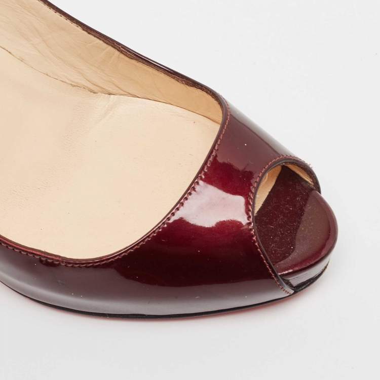 Pre Owned Christian Louboutin Dark Burgundy Patent Leather Peep Toe Pumps Size 36